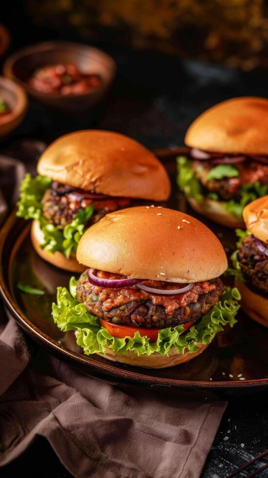 Homemade Burgers On Dark Plate photo