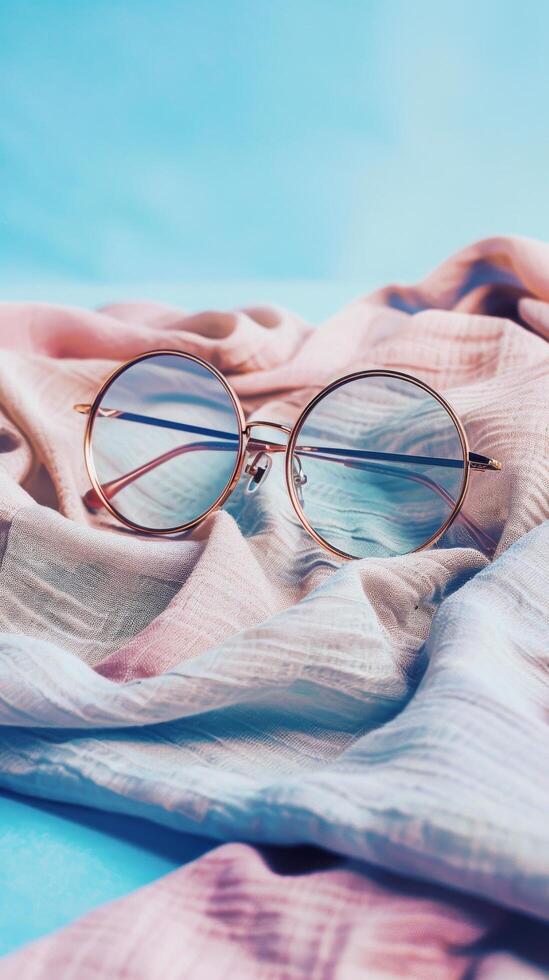 Trendy Round Glasses On Pastel Cloth photo