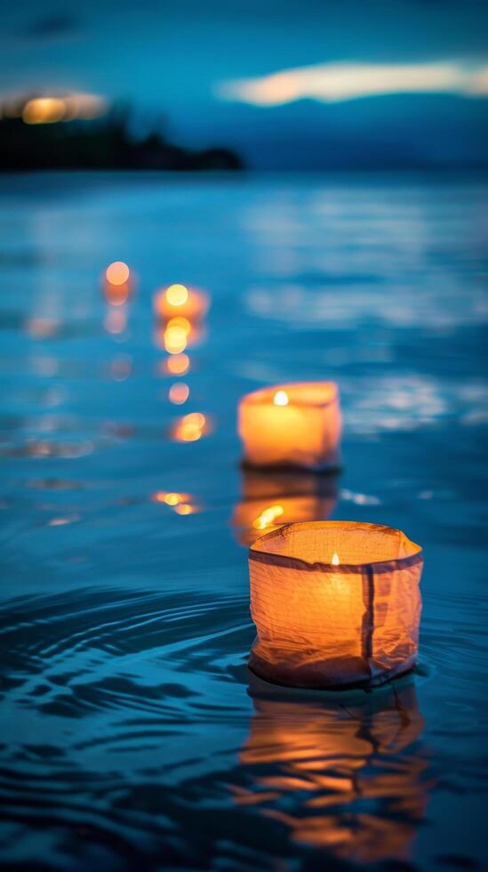 Floating Water Lanterns at Dusk photo