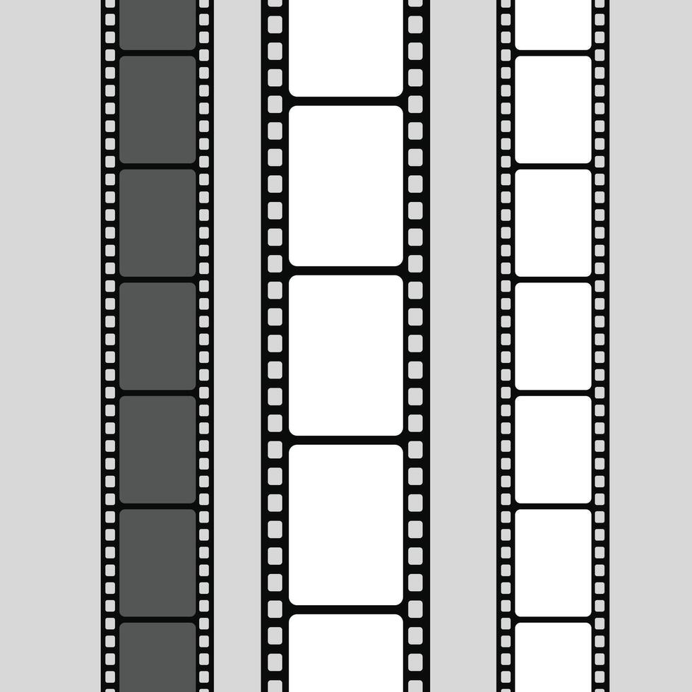 Film strip set. Cinema strip roll 35mm blank slide frame, photo monochrome picture negative vintage media filmstrip, movie design vector