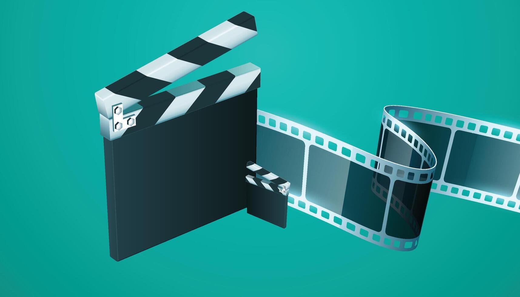 Film reel stripe cinema isolated on blue background. Modern 3d realistic film strip. cinema festival. Movie and film template can be used of backdrop, brochure, leaflet, poster, banner or flyer vector