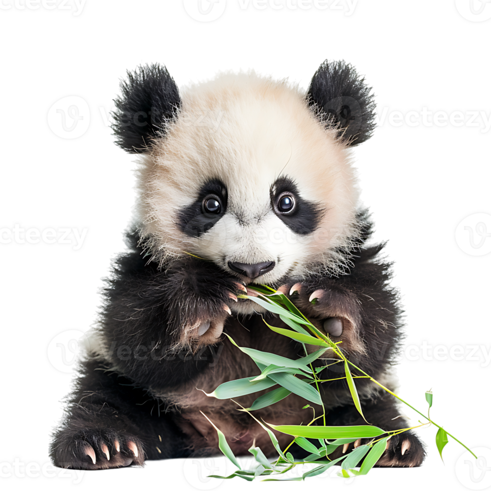 Baby panda eating bamboo on isolated transparent background png