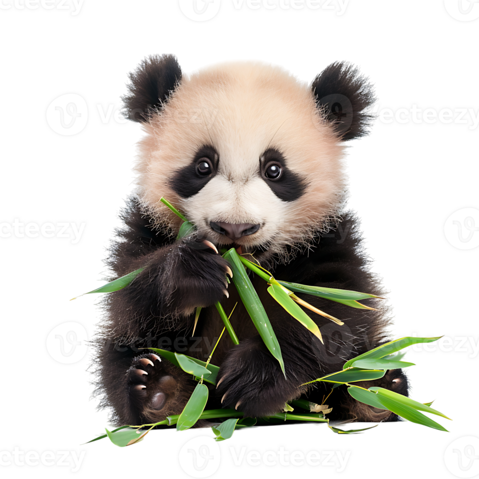 Baby panda eating bamboo on isolated transparent background png