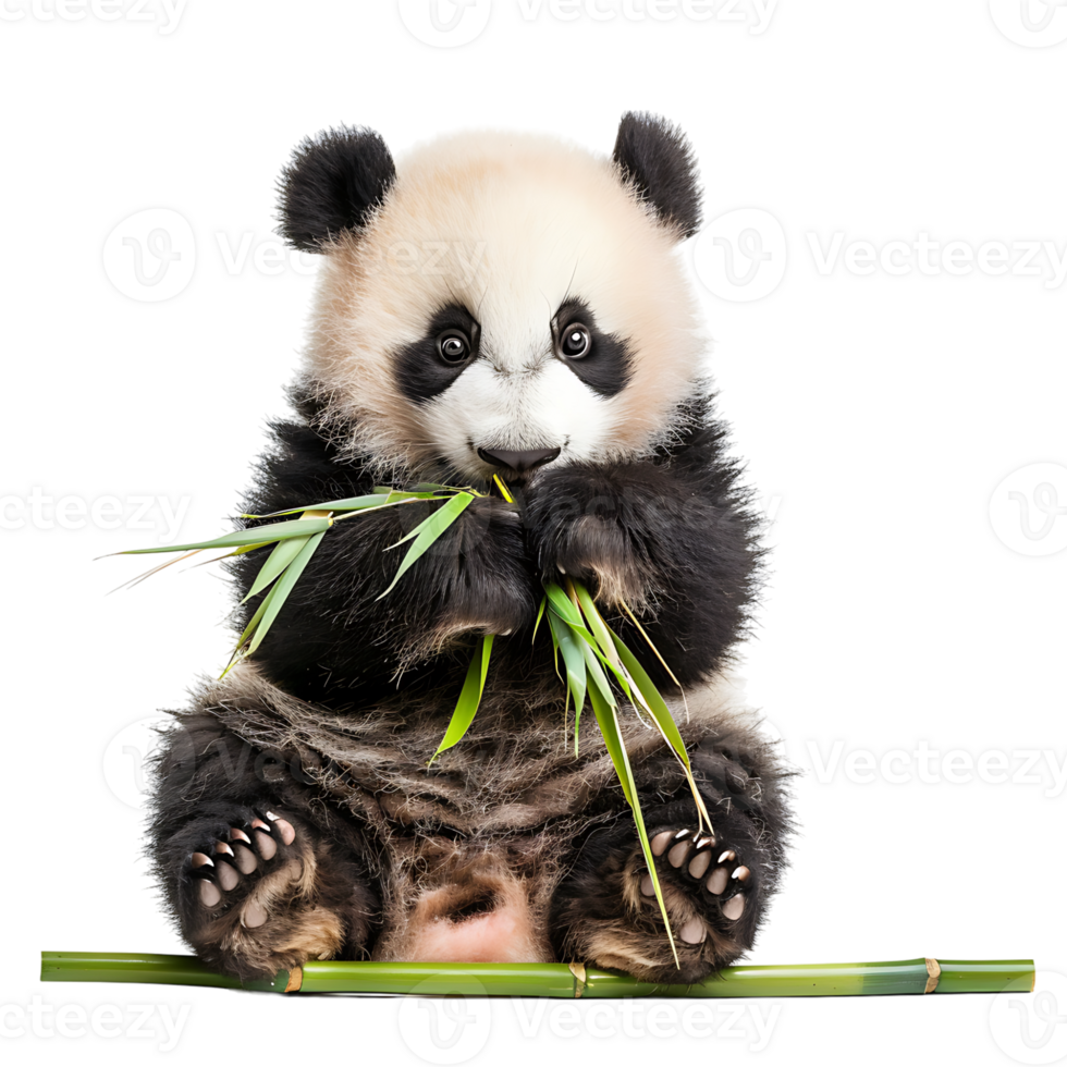 Baby panda eating bamboo on isolated transparent background png