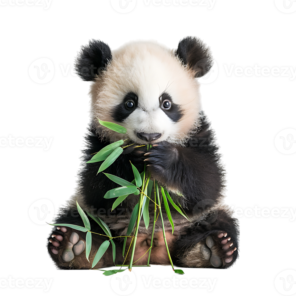 Baby panda eating bamboo on isolated transparent background png