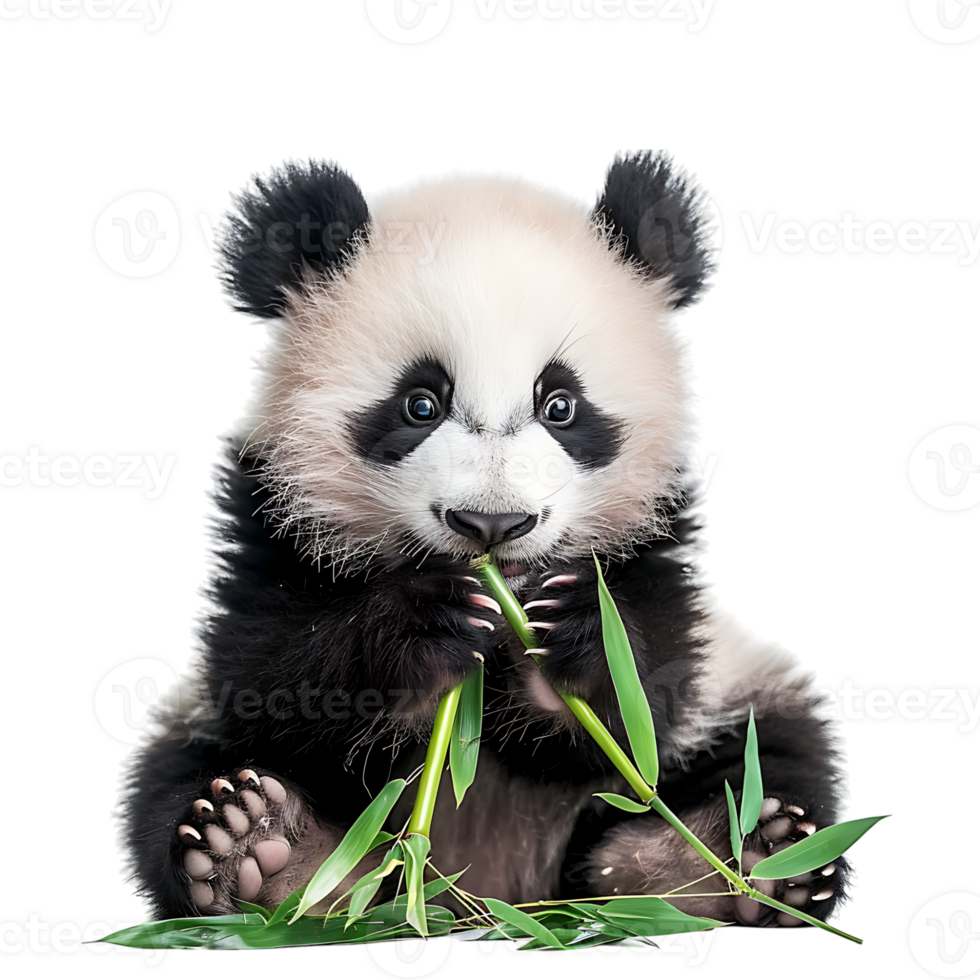 Baby panda eating bamboo on isolated transparent background png