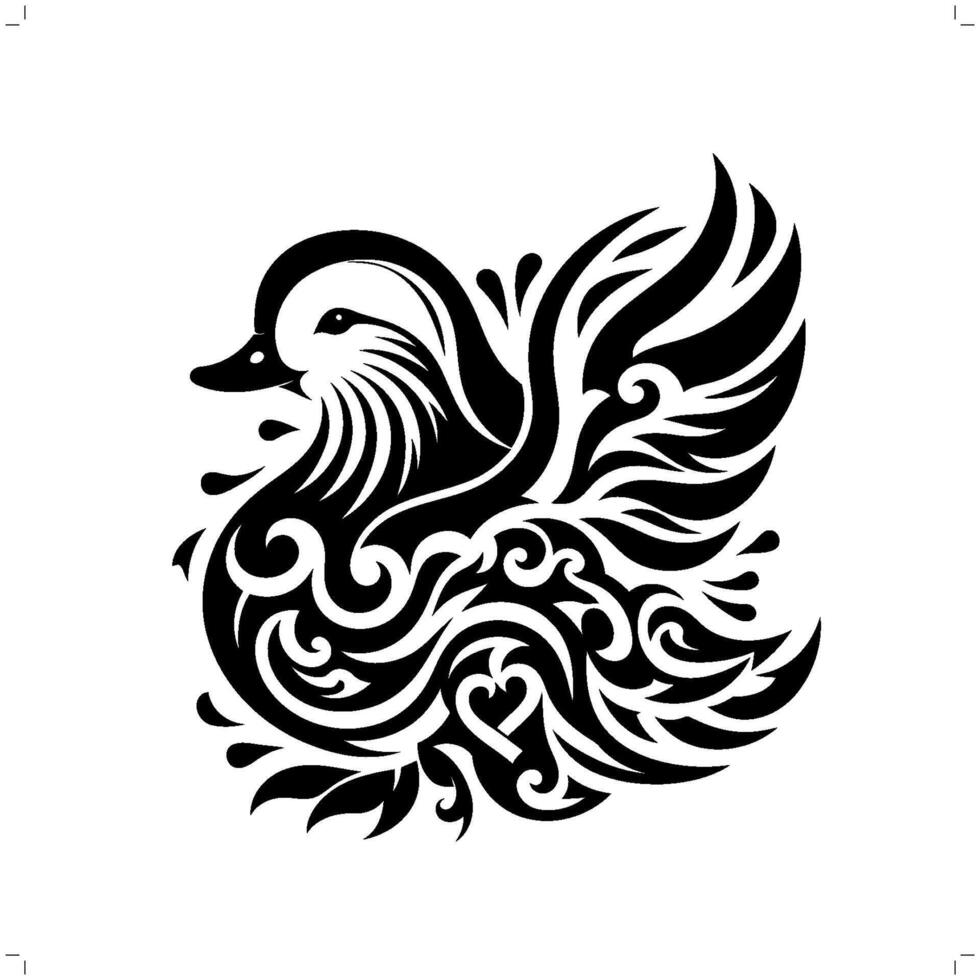 mandarin duck, duck, goose, swan in modern tribal tattoo, abstract line art of animals, minimalist contour. vector