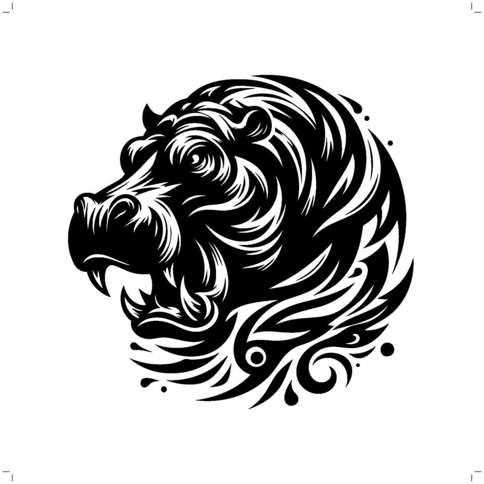 Hippo in modern tribal tattoo, abstract line art of animals, minimalist contour. vector