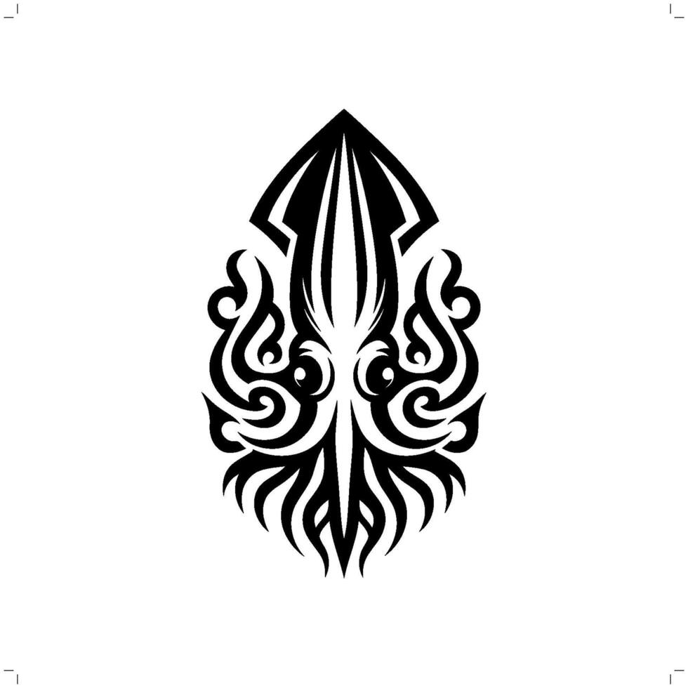 Squid in modern tribal tattoo, abstract line art of animals, minimalist contour. vector