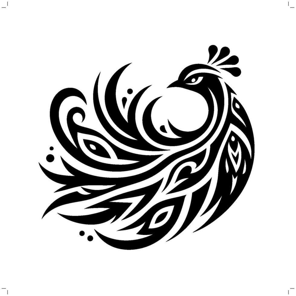 Peacock in modern tribal tattoo, abstract line art of animals, minimalist contour. vector