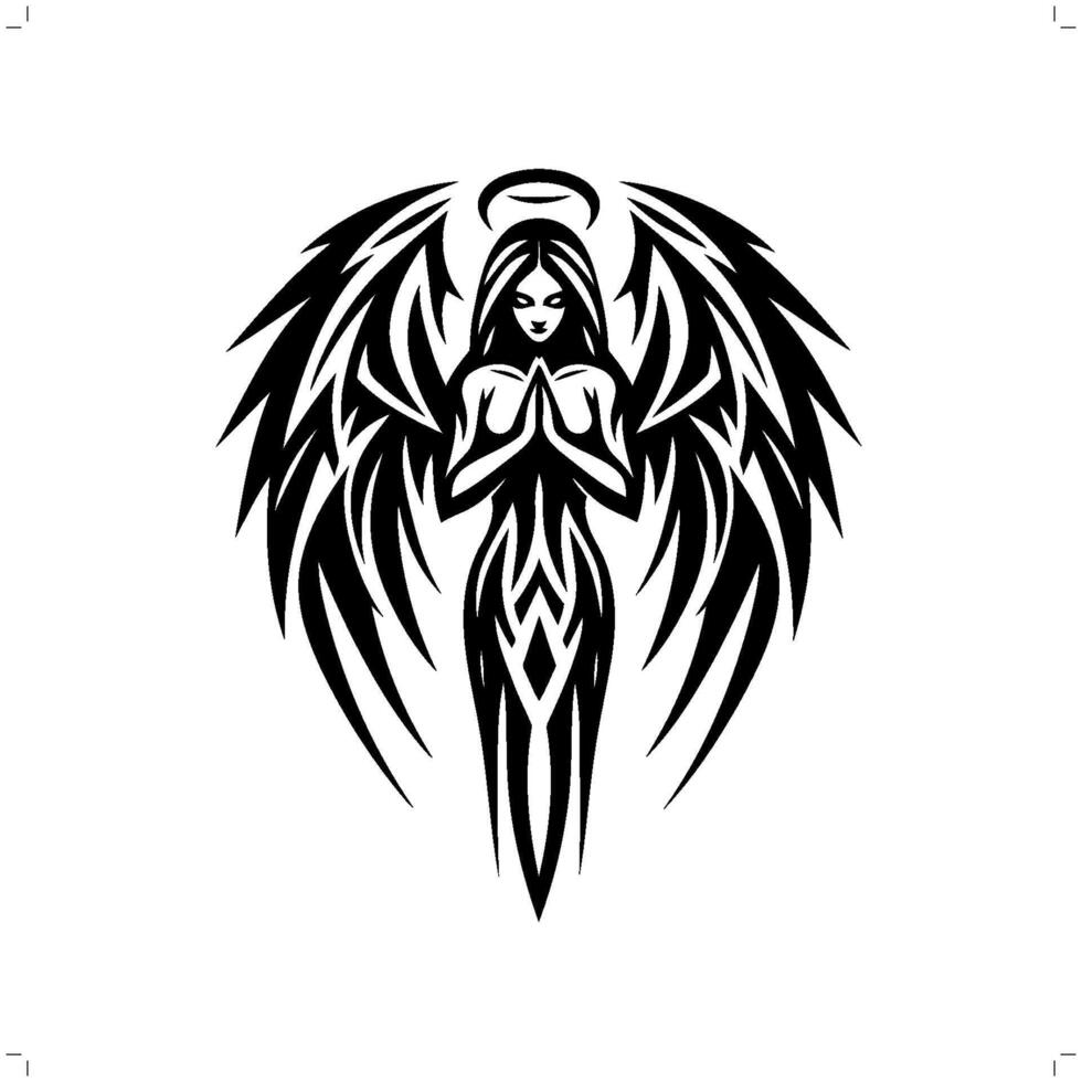 angel in modern tribal tattoo, abstract line art of people, minimalist contour. vector