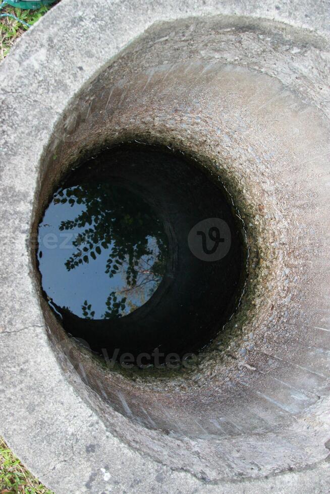 top view deep local water well with reflection on green water photo