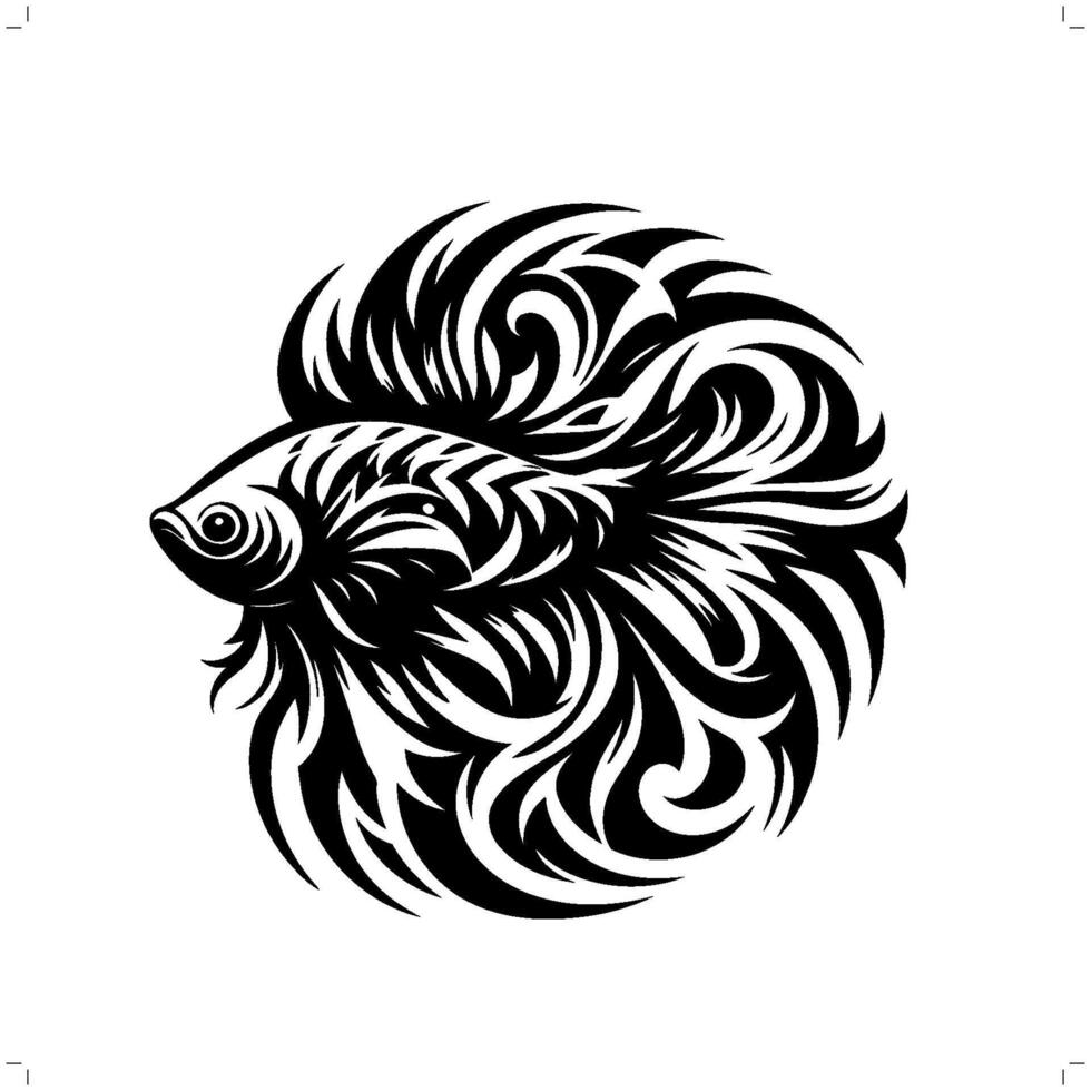 Betta Fish in modern tribal tattoo, abstract line art of animals, minimalist contour. vector