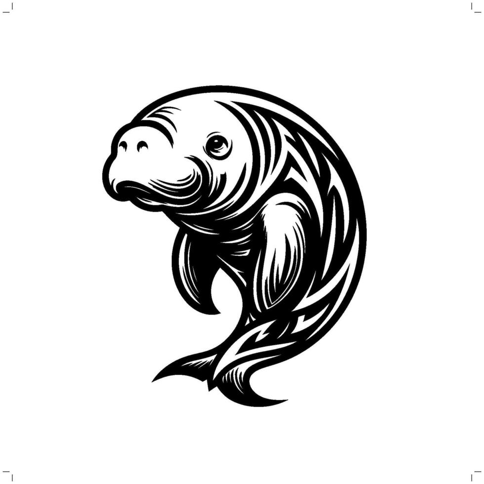 manatee , dugong in modern tribal tattoo, abstract line art of animals, minimalist contour. vector