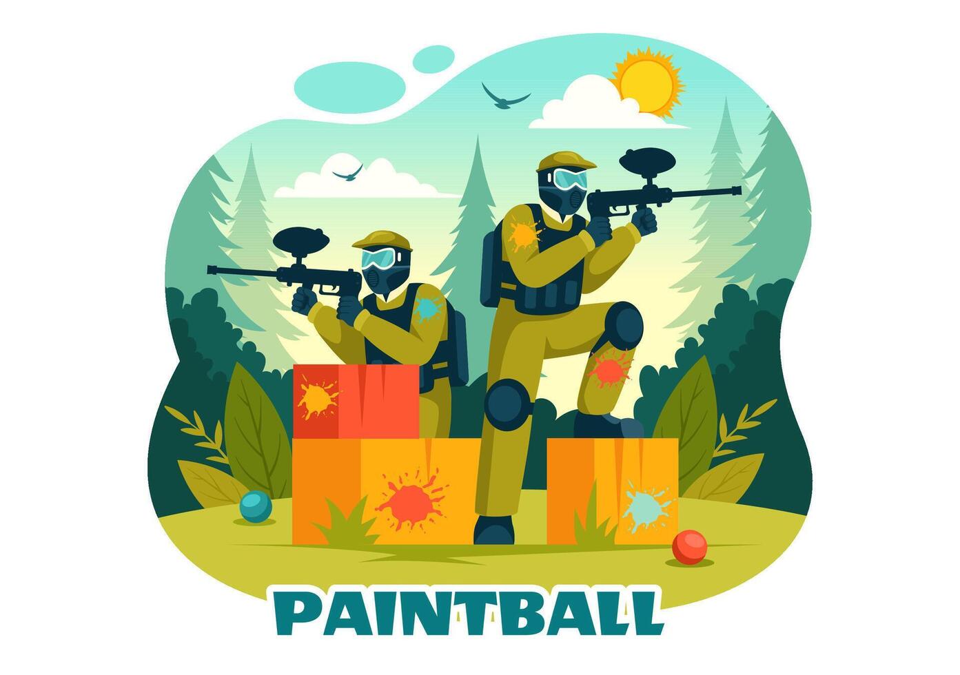 personas jugando paintball ilustración de combatiente jugador disparo con pistola disparar, apuntar, ataque en campo escena en plano dibujos animados antecedentes vector