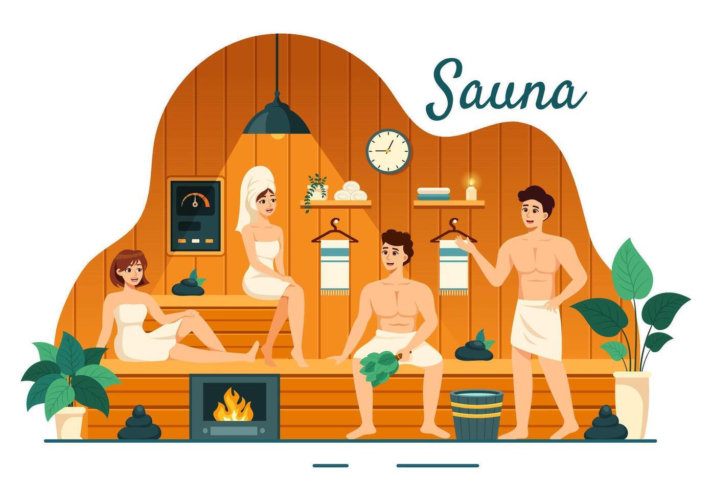 sauna y vapor habitación ilustración con personas relajarse, Lavado su cuerpos o disfrutando hora en plano dibujos animados antecedentes diseño vector