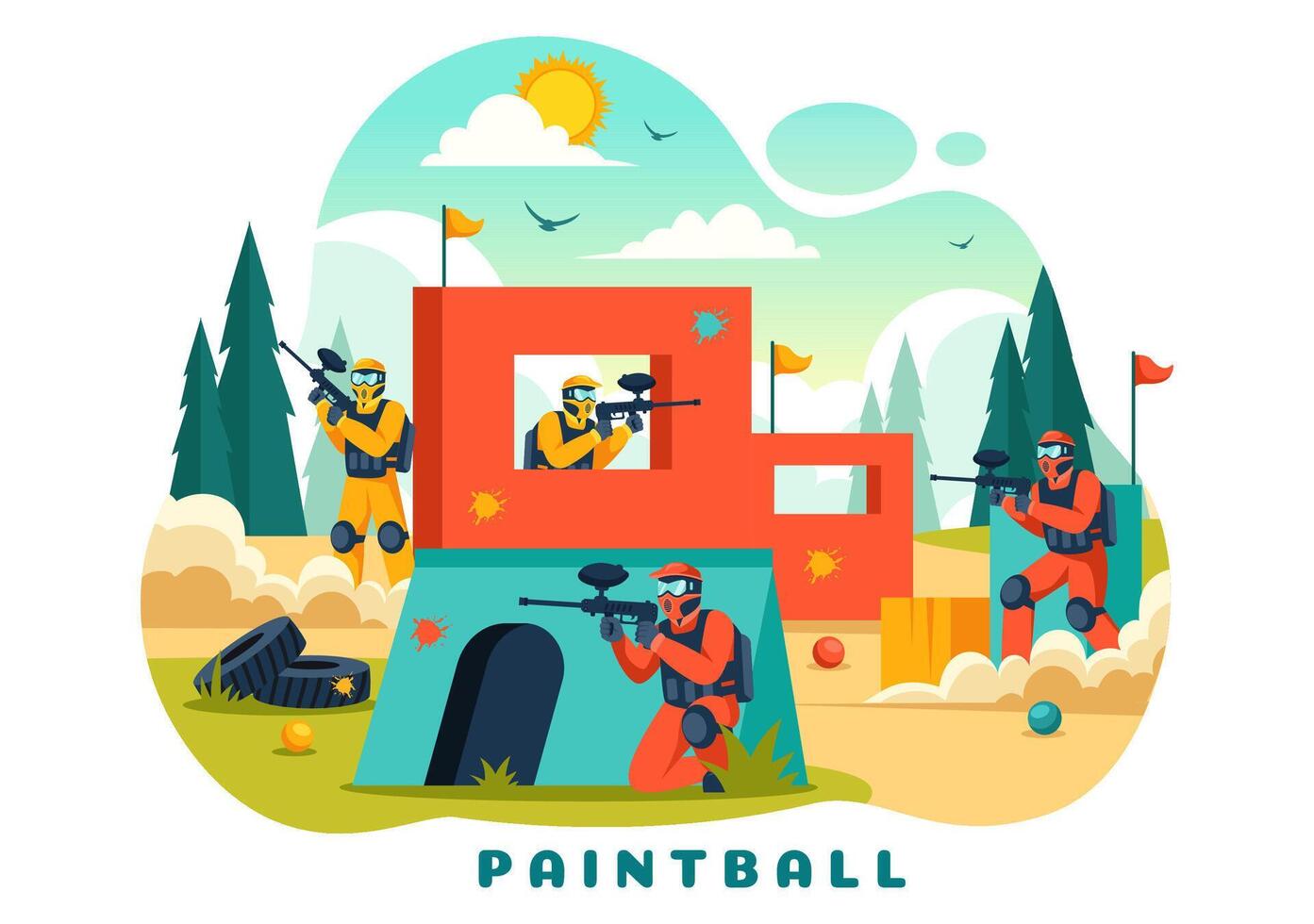 personas jugando paintball ilustración de combatiente jugador disparo con pistola disparar, apuntar, ataque en campo escena en plano dibujos animados antecedentes vector