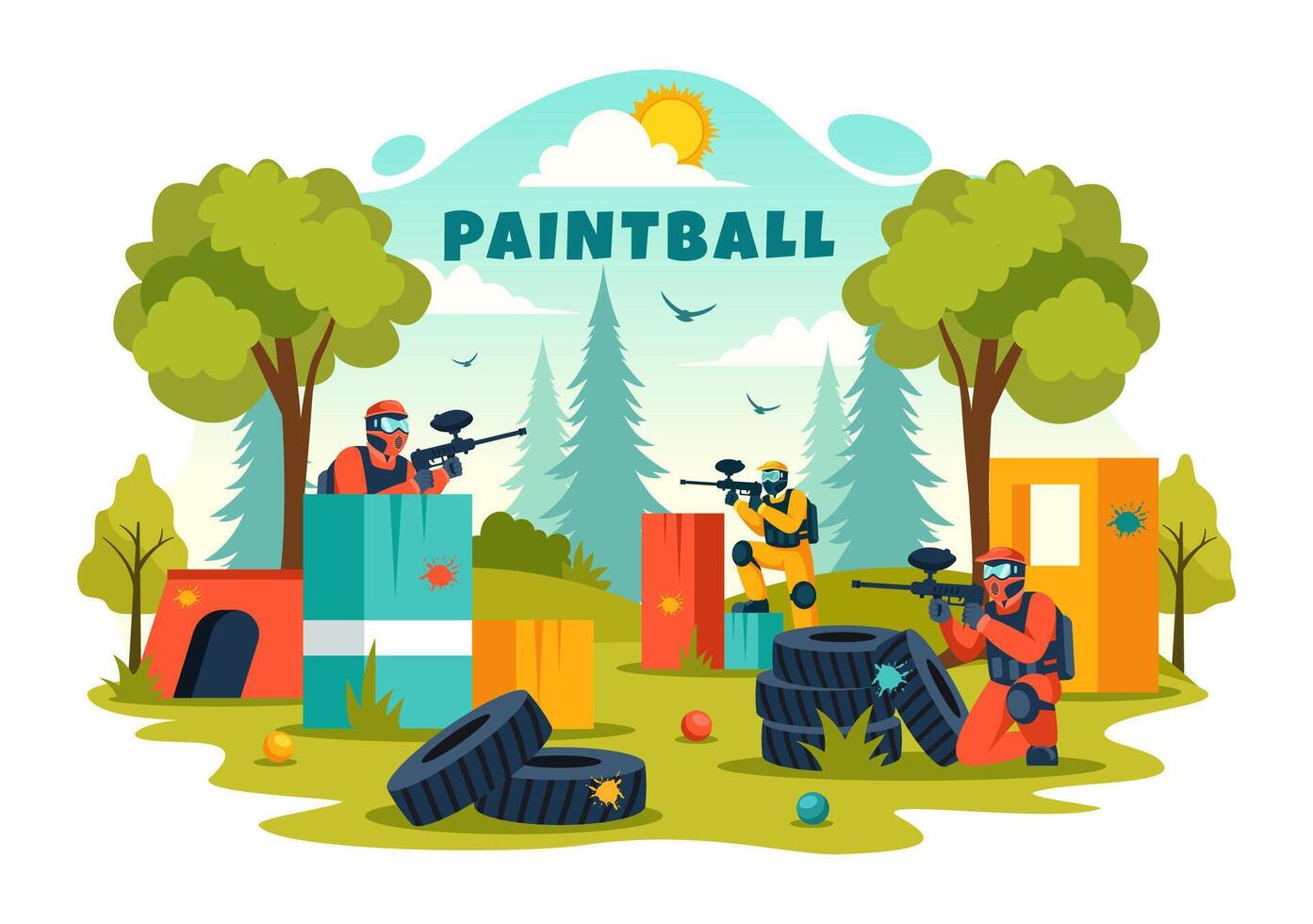 personas jugando paintball ilustración de combatiente jugador disparo con pistola disparar, apuntar, ataque en campo escena en plano dibujos animados antecedentes vector