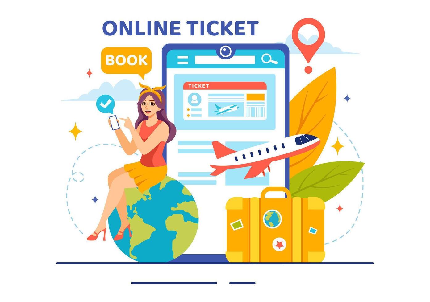 Online Travel Ticket Illustration Through transportation and Journey Provider App for Booking in Flat Cartoon Background Design vector