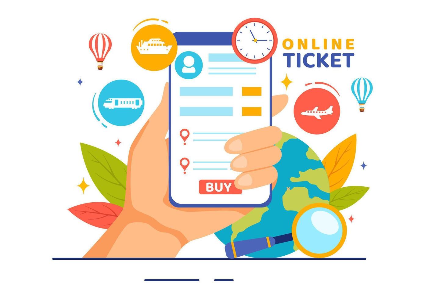 Online Travel Ticket Illustration Through transportation and Journey Provider App for Booking in Flat Cartoon Background Design vector