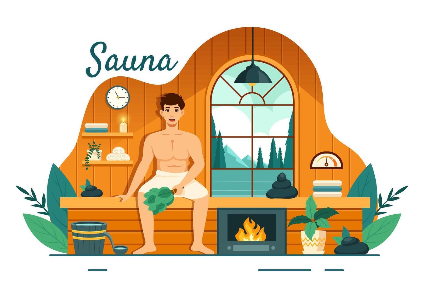 sauna y vapor habitación ilustración con personas relajarse, Lavado su cuerpos o disfrutando hora en plano dibujos animados antecedentes diseño vector