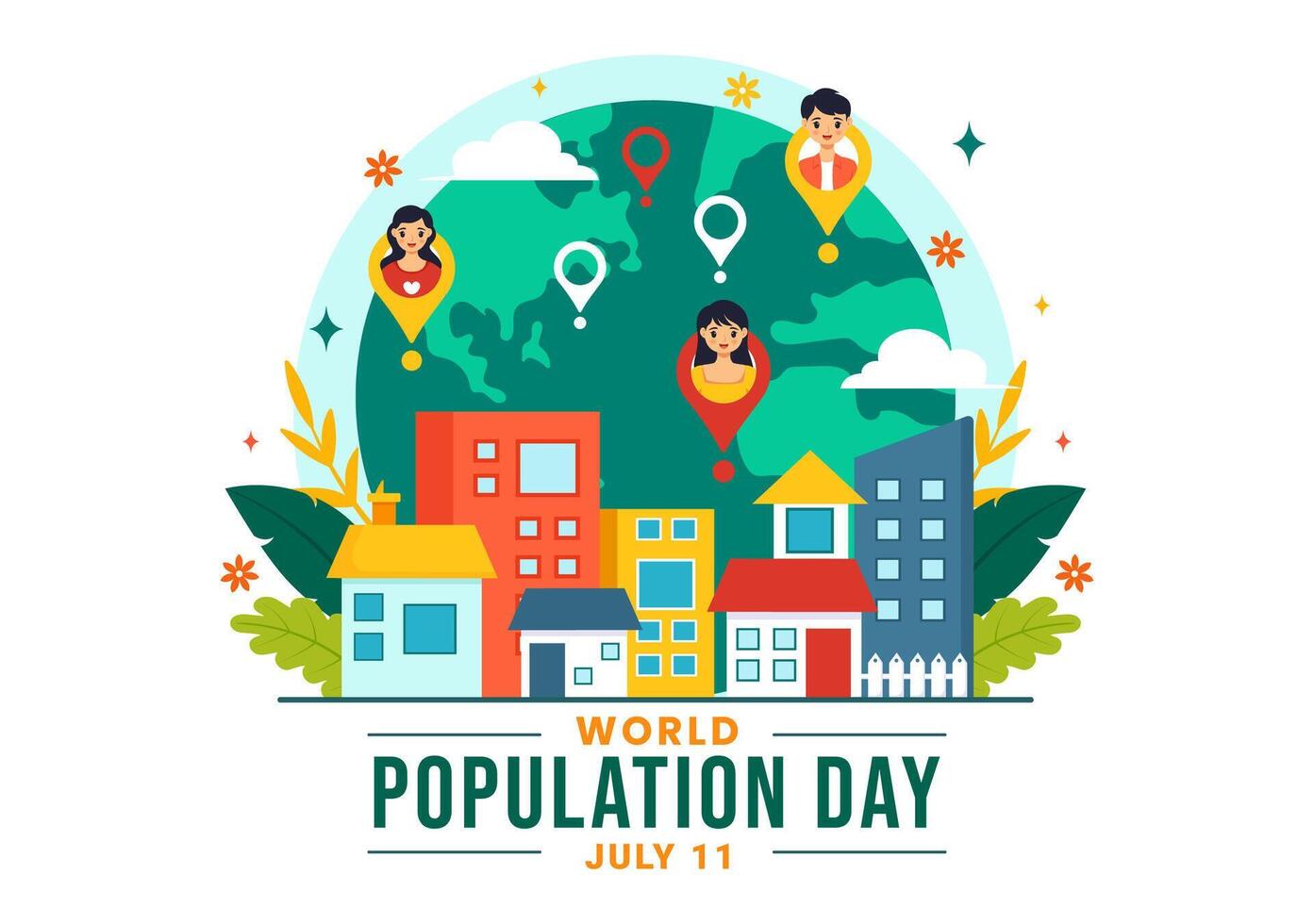 mundo población día ilustración en 11 julio a aumento conciencia de global poblaciones problemas en plano niños dibujos animados antecedentes vector