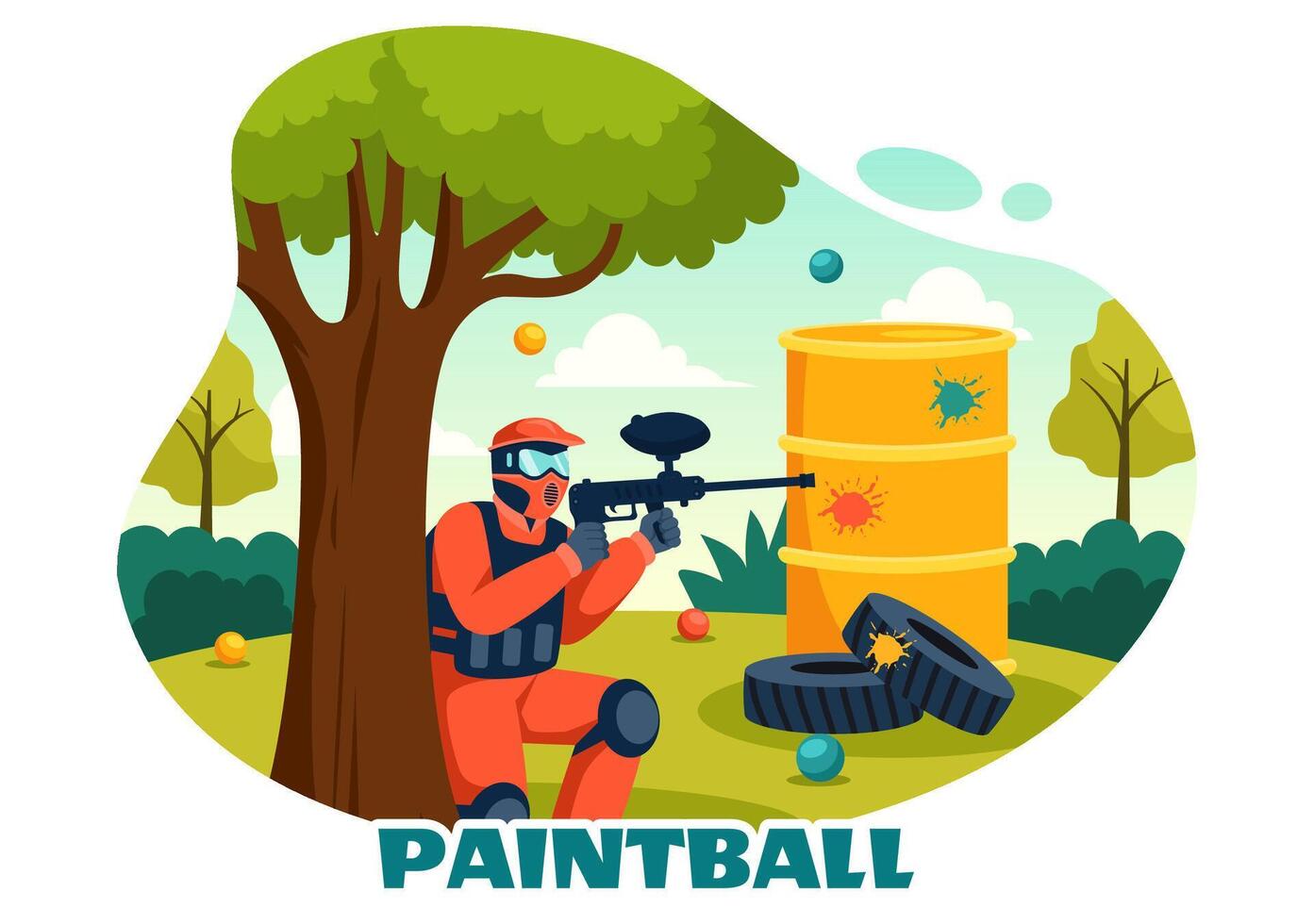 personas jugando paintball ilustración de combatiente jugador disparo con pistola disparar, apuntar, ataque en campo escena en plano dibujos animados antecedentes vector