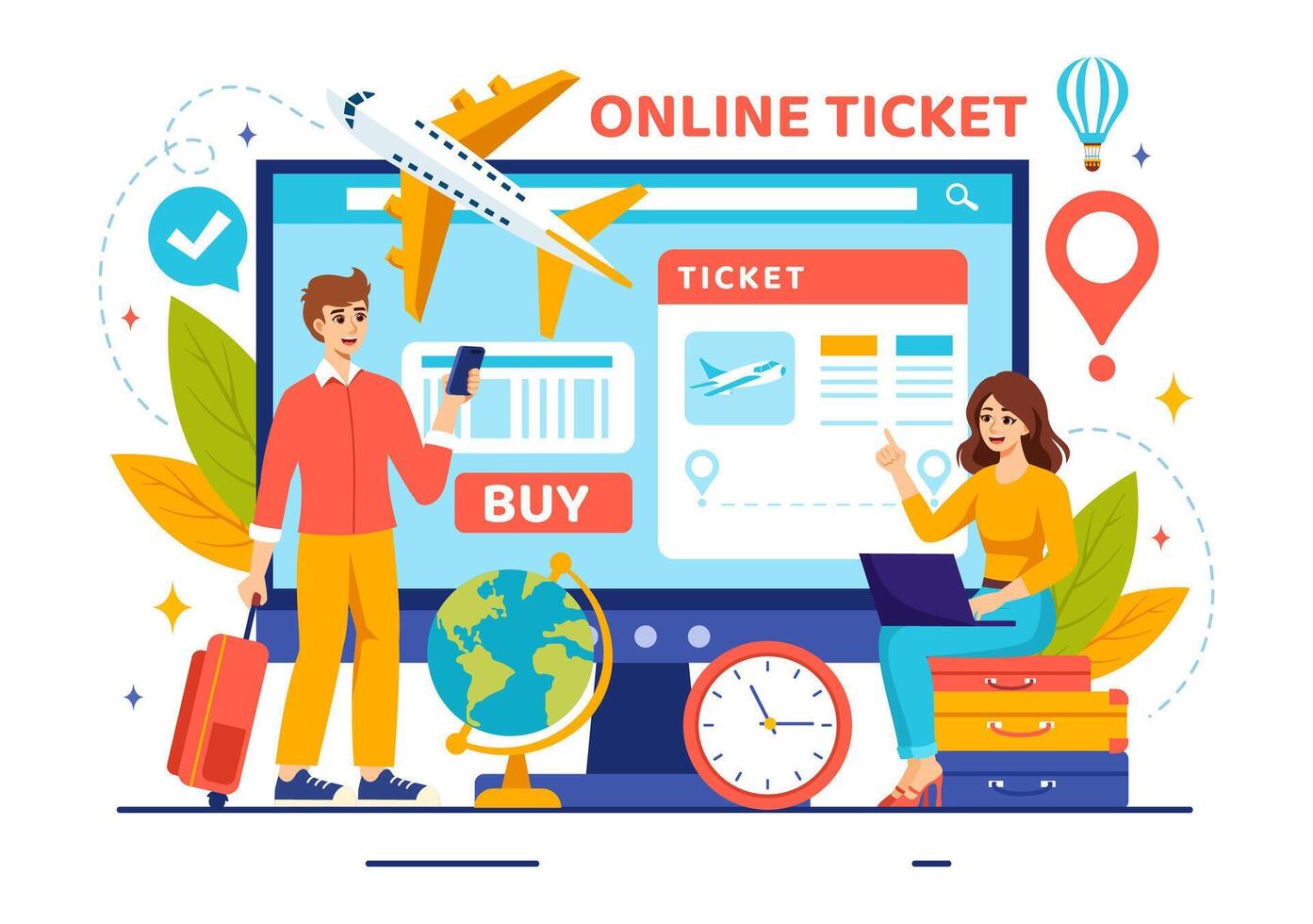 Online Travel Ticket Illustration Through transportation and Journey Provider App for Booking in Flat Cartoon Background Design vector