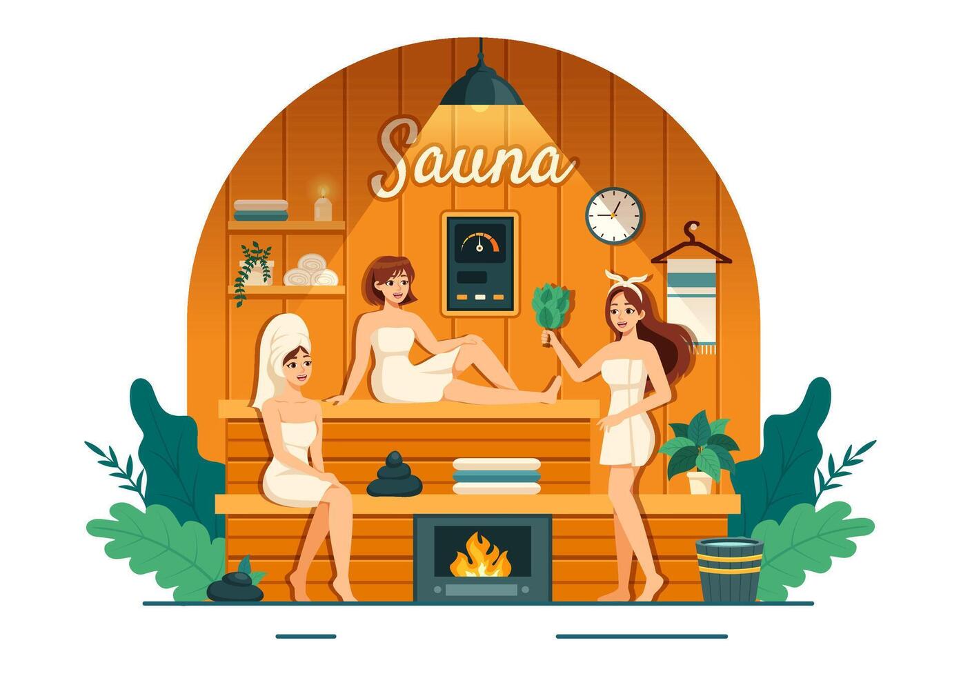 sauna y vapor habitación ilustración con personas relajarse, Lavado su cuerpos o disfrutando hora en plano dibujos animados antecedentes diseño vector