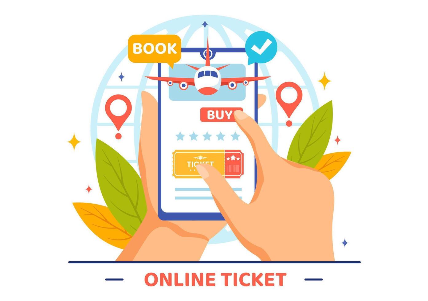 Online Travel Ticket Illustration Through transportation and Journey Provider App for Booking in Flat Cartoon Background Design vector