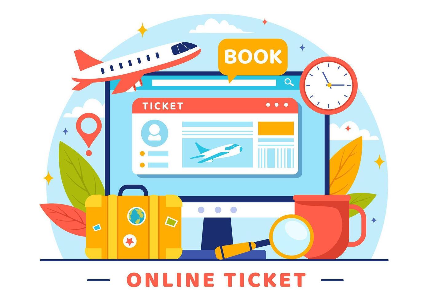 Online Travel Ticket Illustration Through transportation and Journey Provider App for Booking in Flat Cartoon Background Design vector