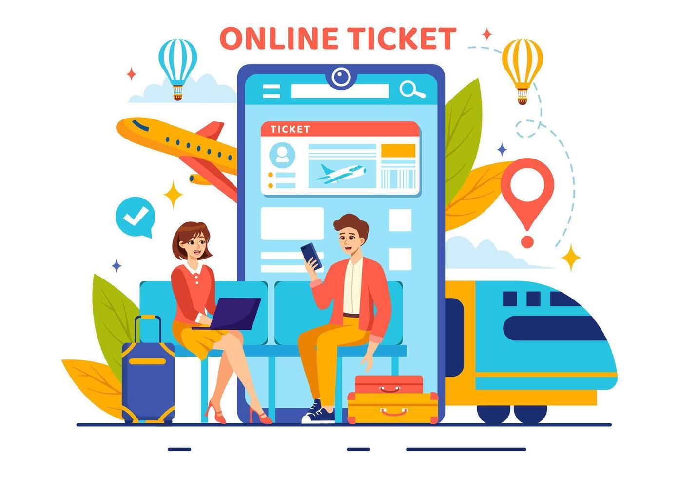 Online Travel Ticket Illustration Through transportation and Journey Provider App for Booking in Flat Cartoon Background Design vector