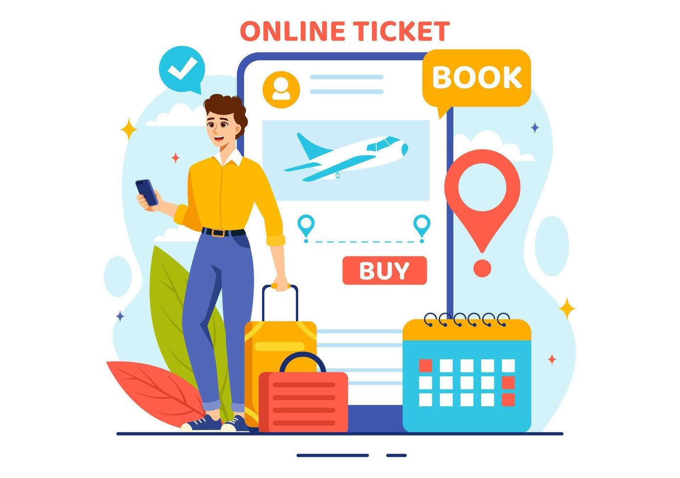 Online Travel Ticket Illustration Through transportation and Journey Provider App for Booking in Flat Cartoon Background Design vector