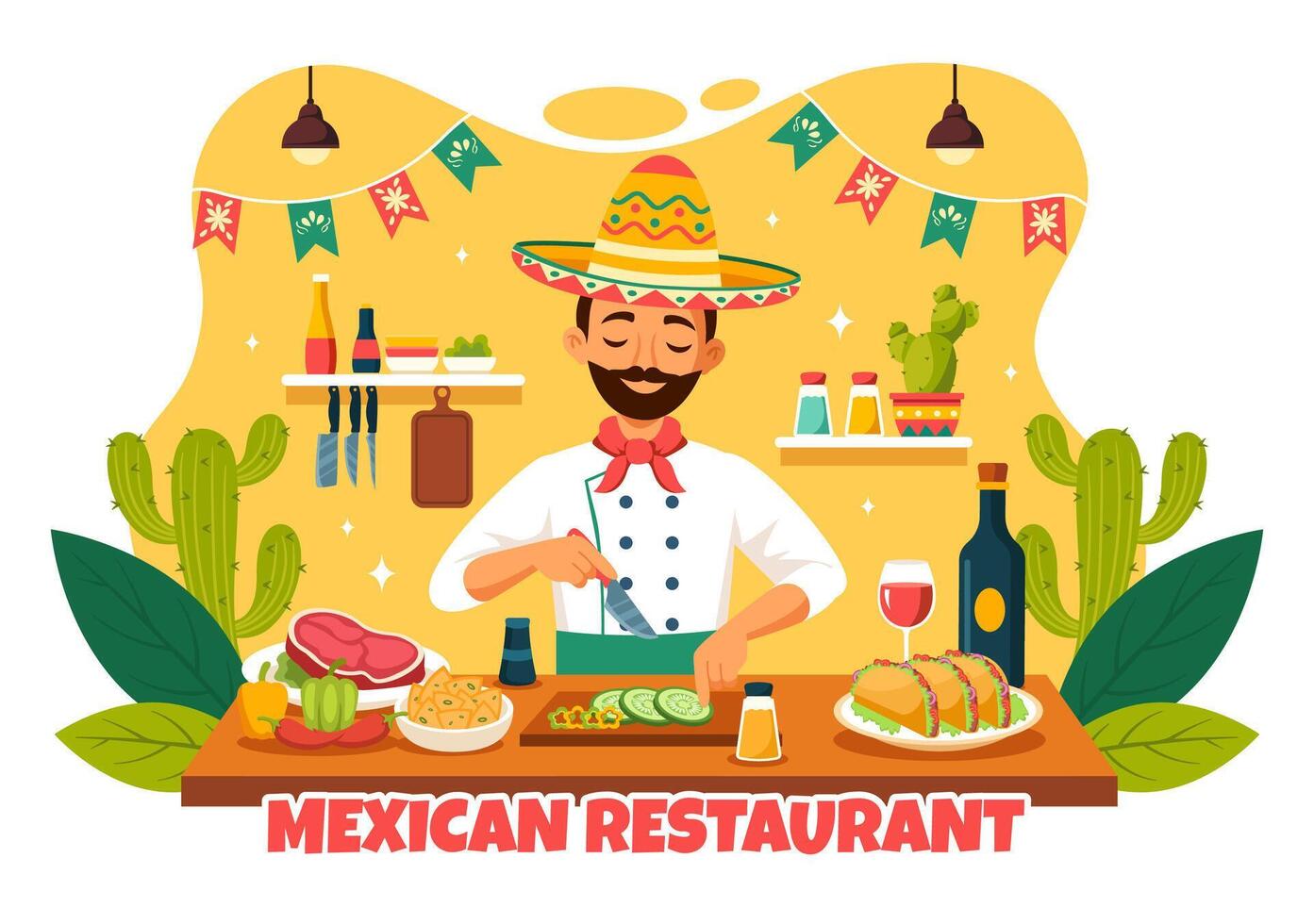 Mexican Food Restaurant Illustration with Various of Delicious Traditional Cuisine Tacos, Nachos and Other on Flat Cartoon Background vector