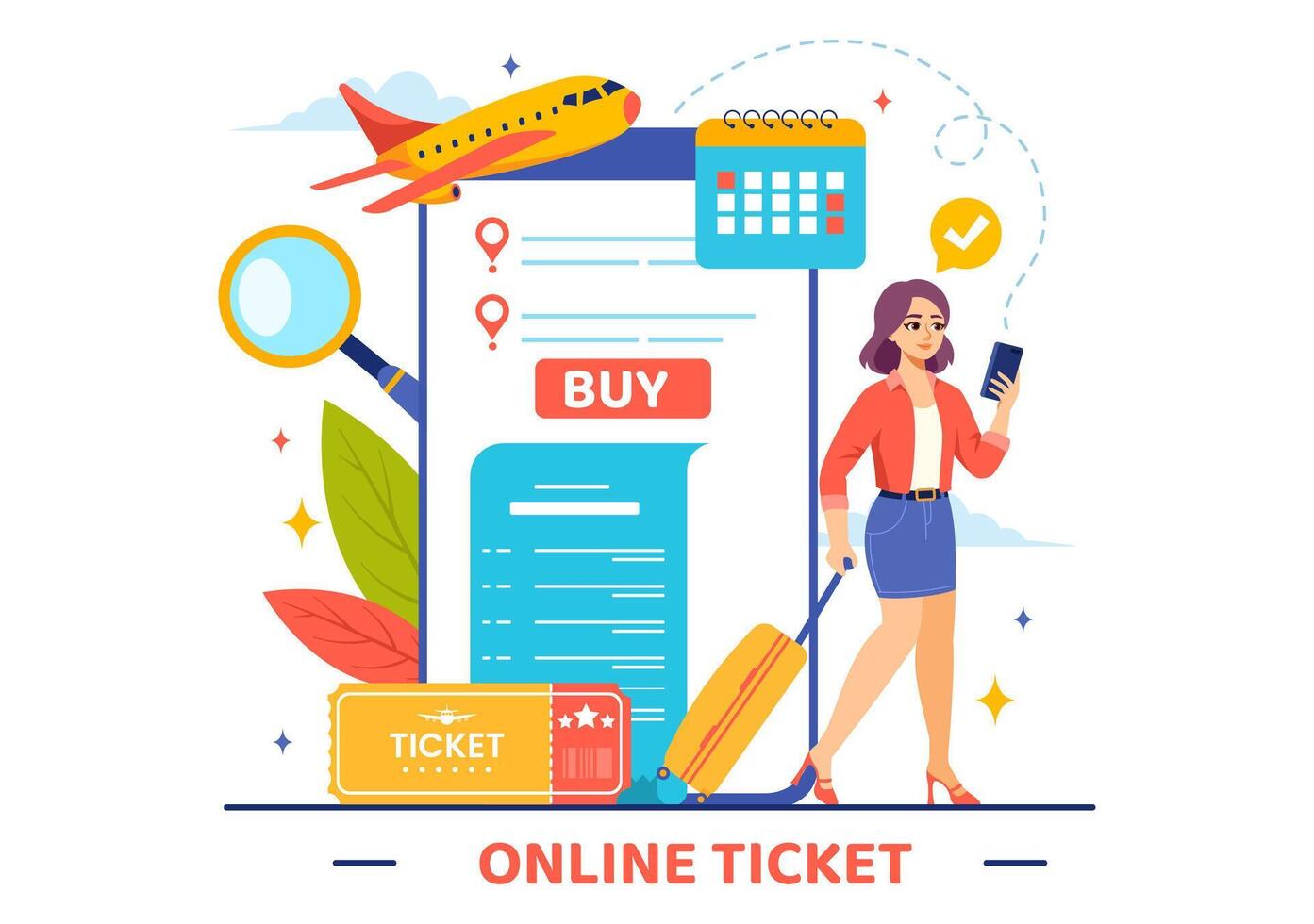 Online Travel Ticket Illustration Through transportation and Journey Provider App for Booking in Flat Cartoon Background Design vector