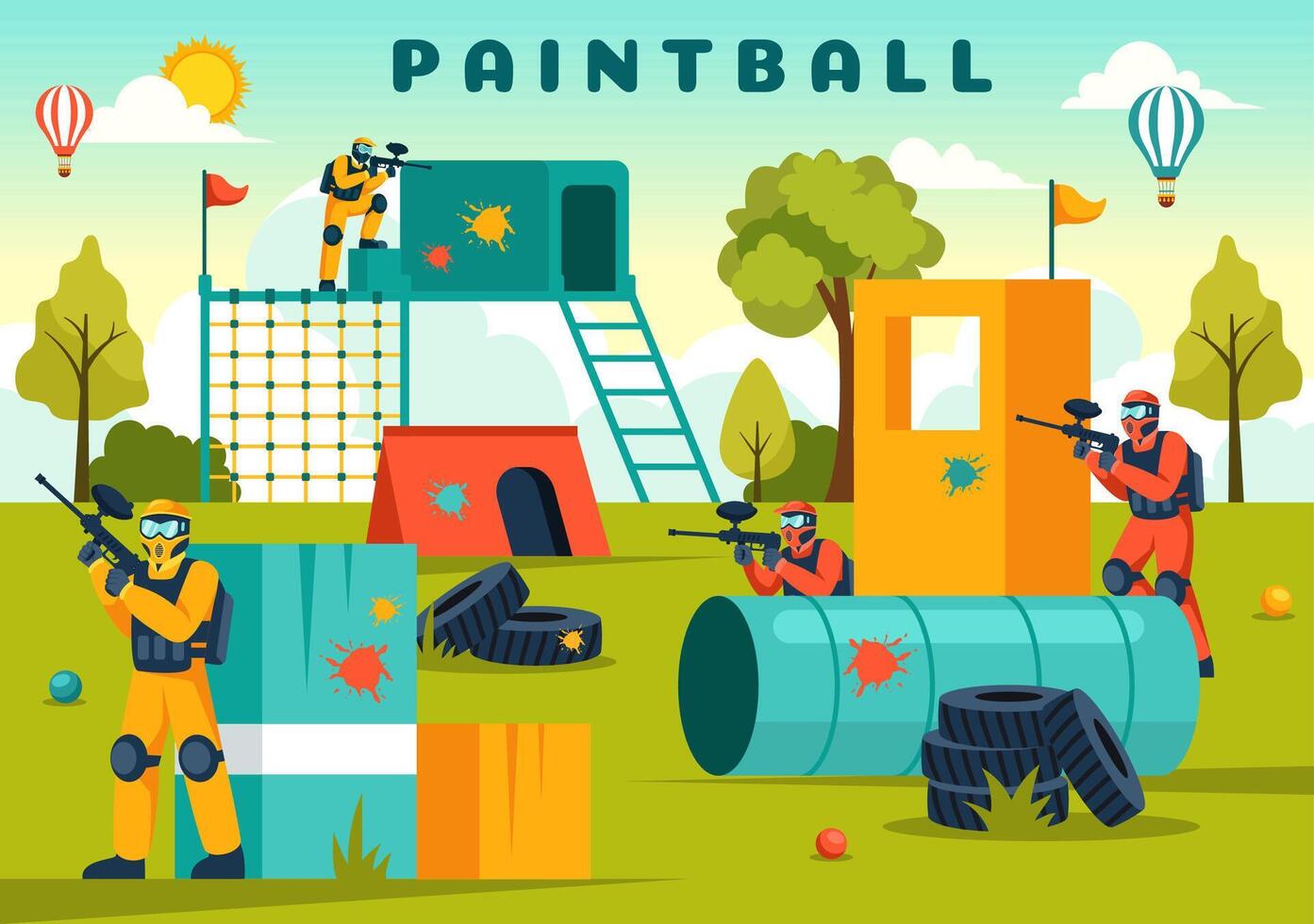 personas jugando paintball ilustración de combatiente jugador disparo con pistola disparar, apuntar, ataque en campo escena en plano dibujos animados antecedentes vector