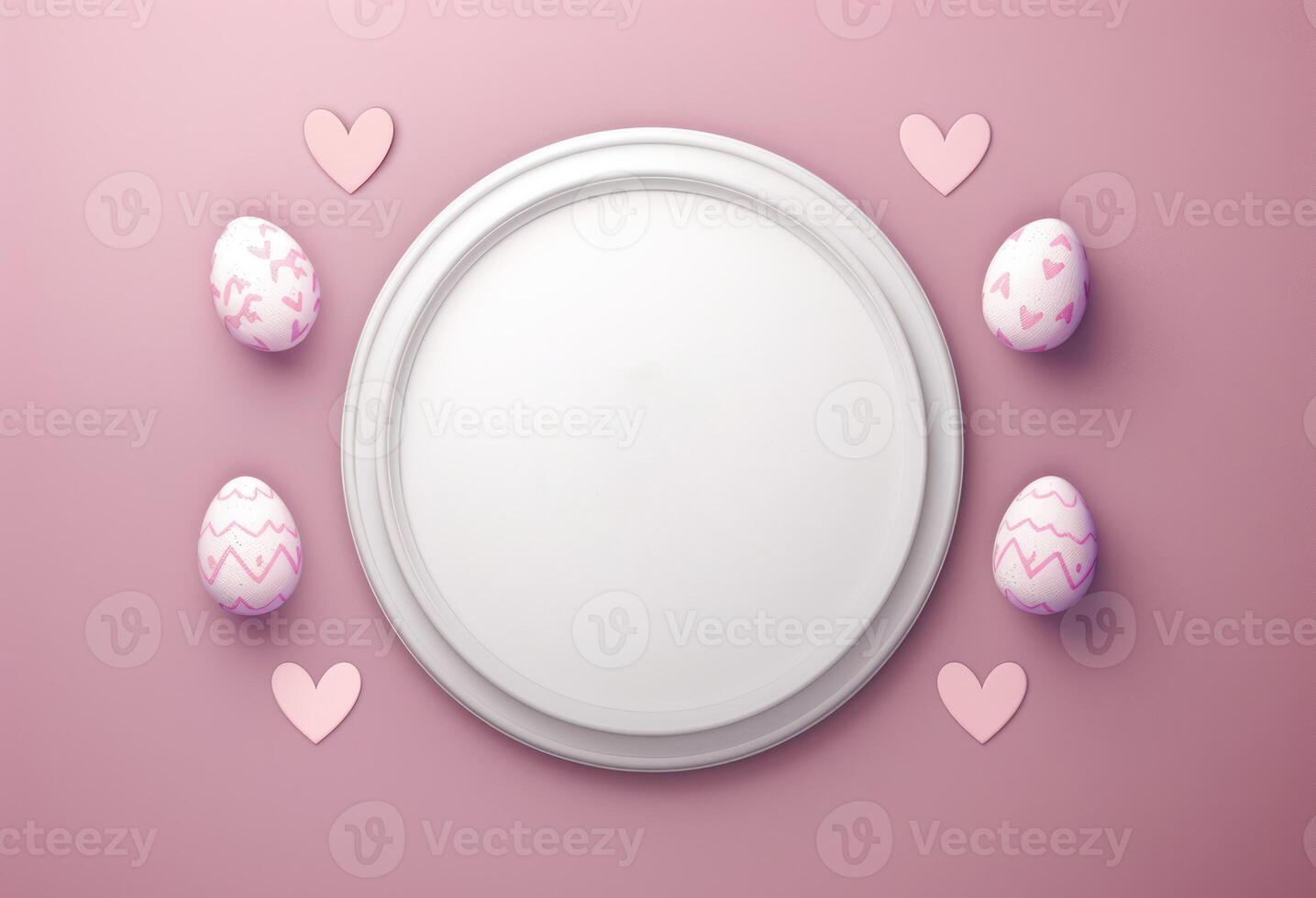 Easter day concept. Top view illustration of white circle colorful easter eggs and confetti photo
