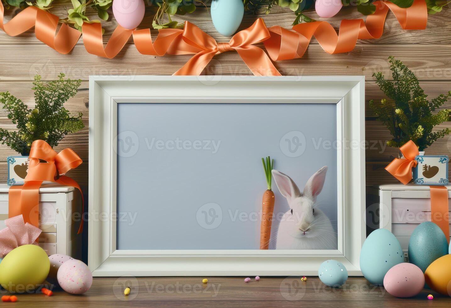 Happy Easter. Top view photo of empty photo frame colorful easter eggs and confetti
