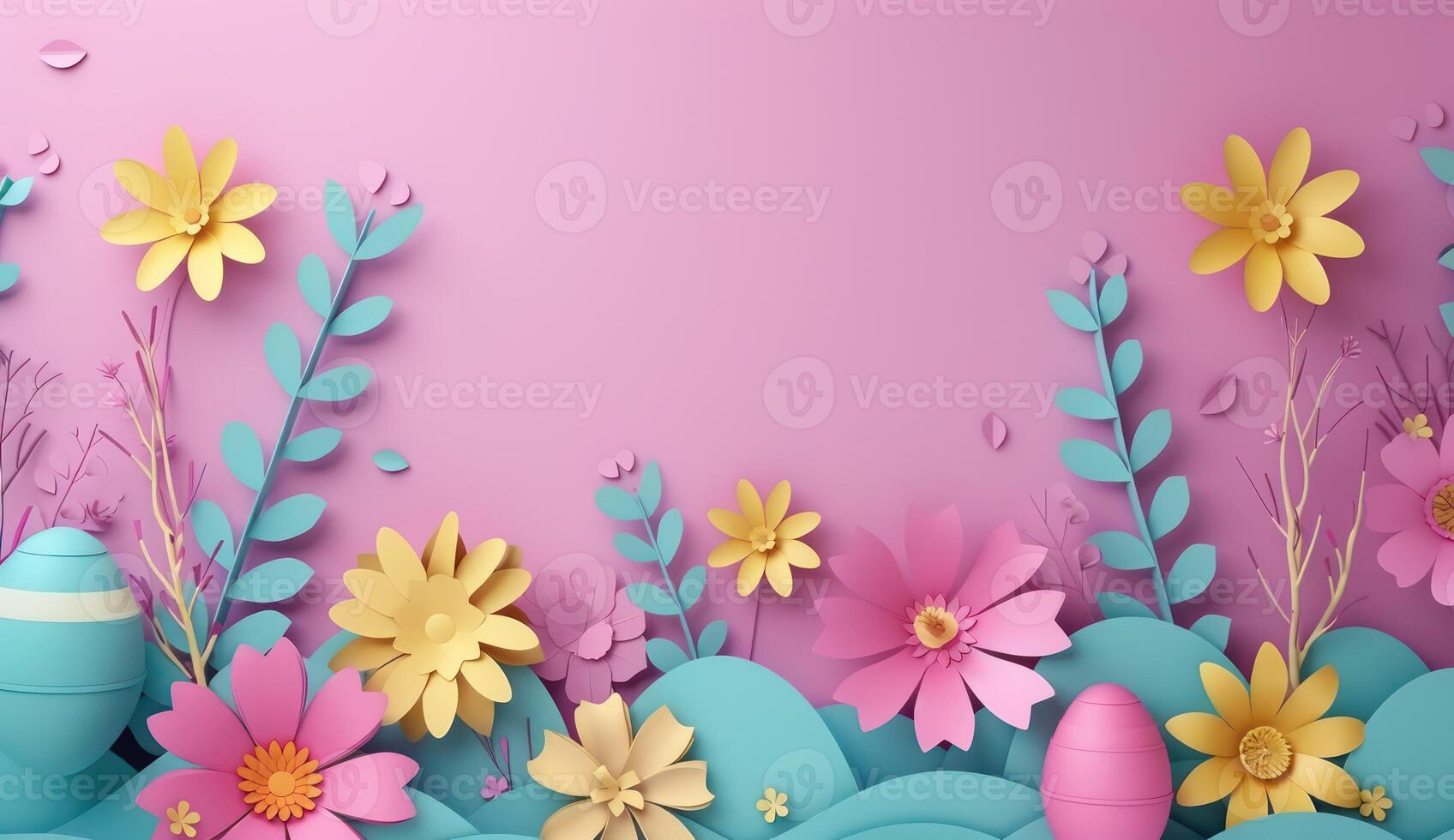Paper cut illustration of colorful paper art easter rabbit, grass, flowers and egg shape photo