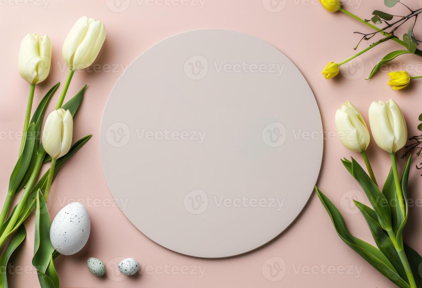 Top view illustration of fresh tulips and arranged eggs background with blank space photo