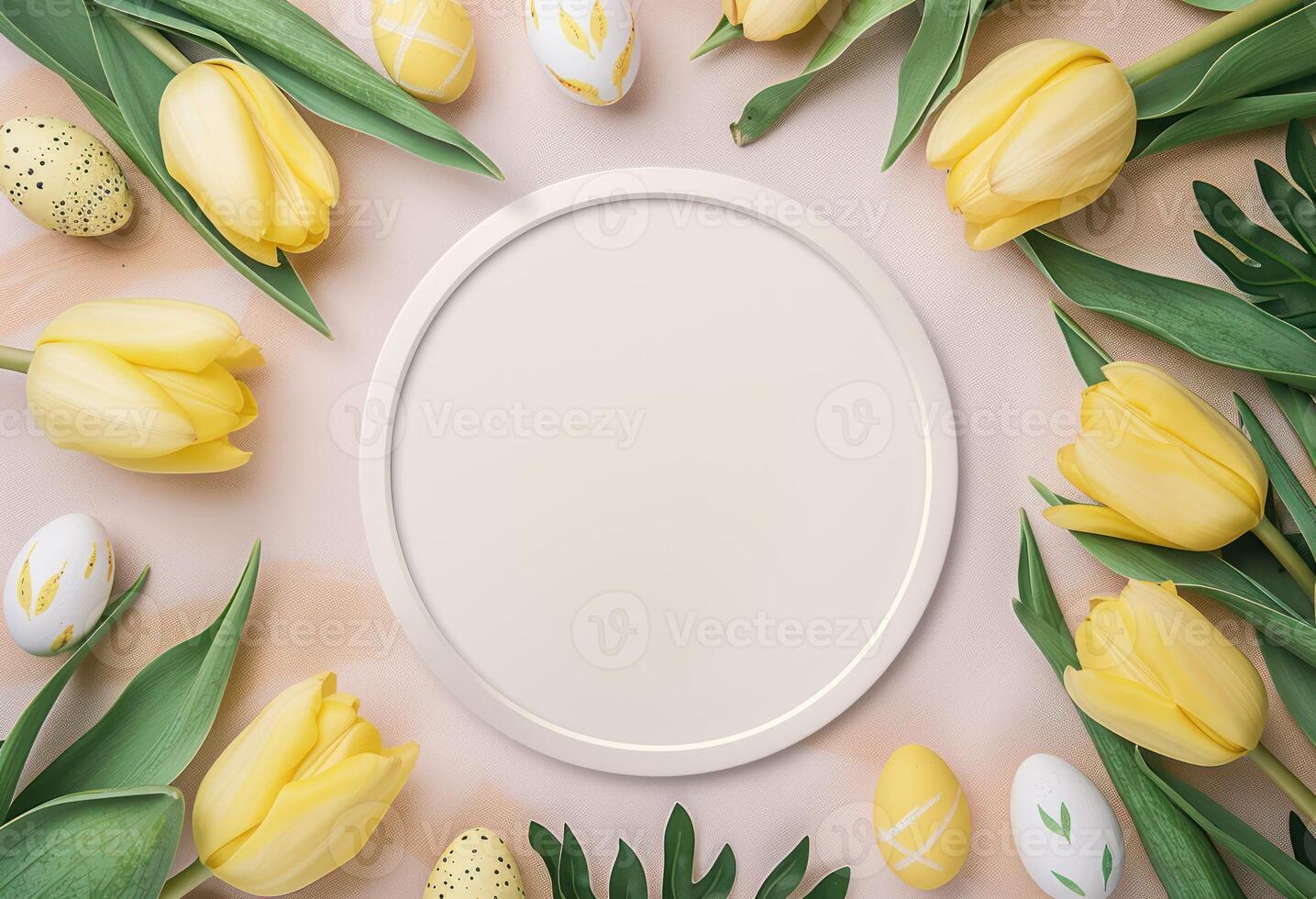 Top view illustration of fresh tulips and arranged eggs background with blank space photo