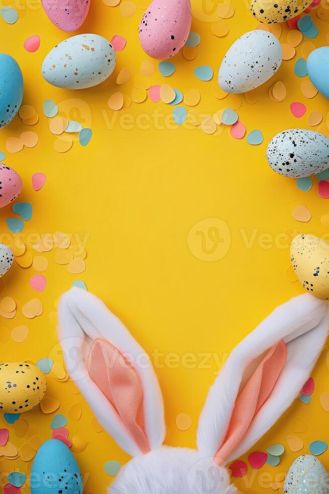 Easter Day Greeting. Top view vertical photo of colorful easter eggs and easter bunny ears