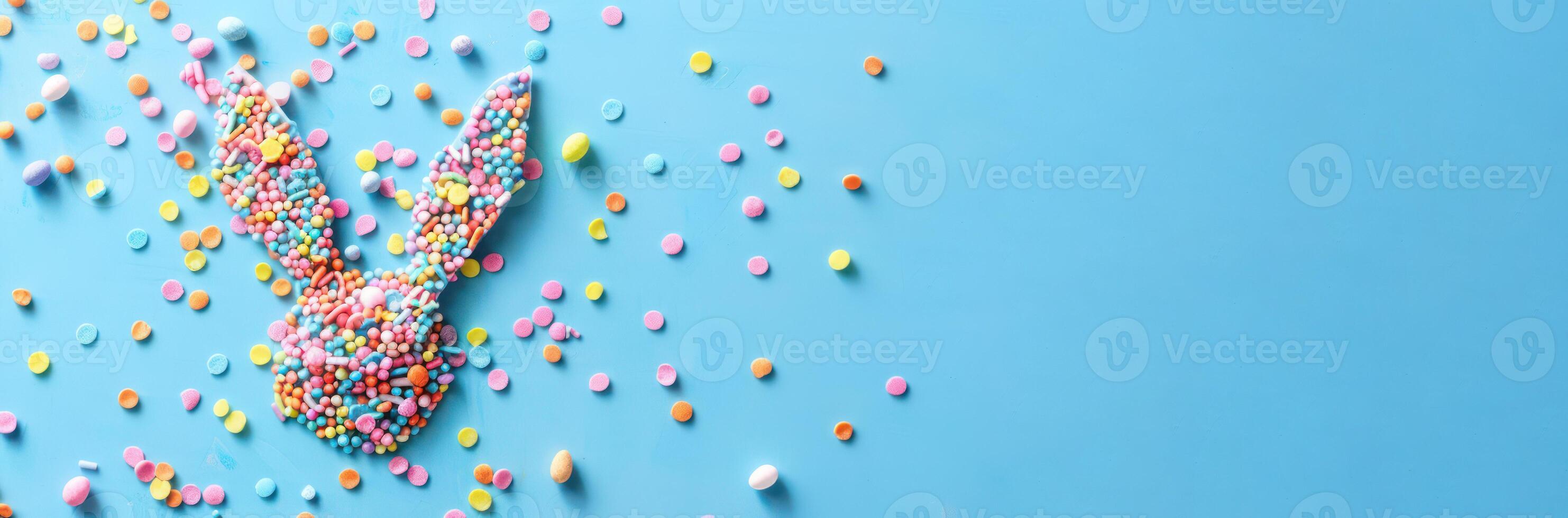 top view of adorable bunny ears and a sprinkle of confetti on a pastel blue backdrop photo