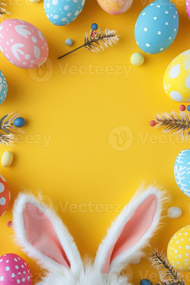 Easter Day Greeting. Top view vertical photo of colorful easter eggs and easter bunny ears