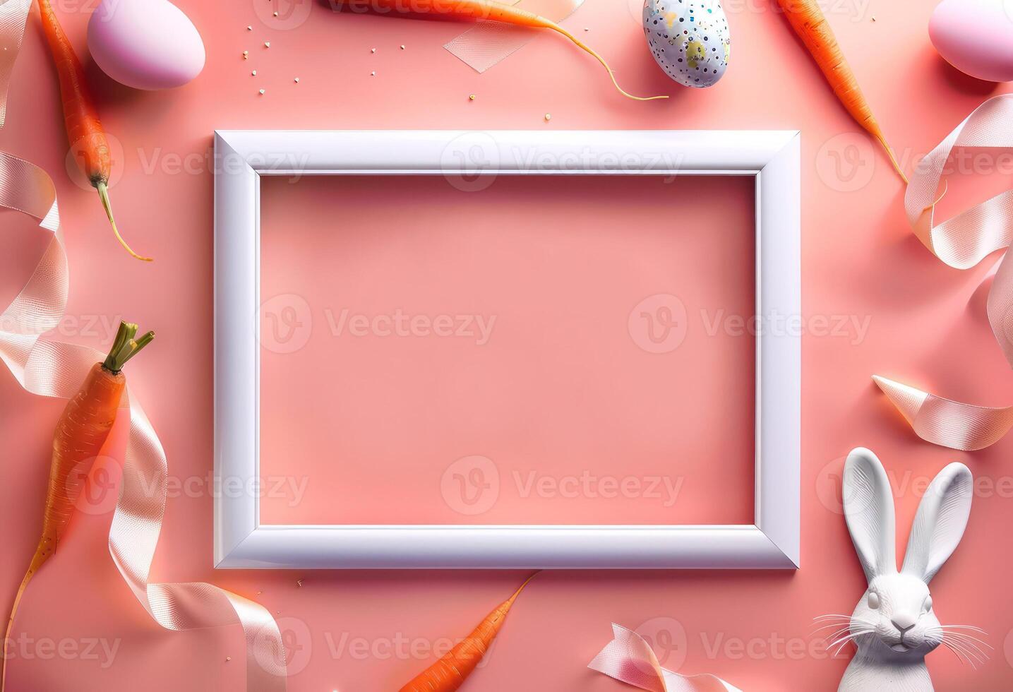 Happy Easter. Top view photo of empty photo frame colorful easter eggs and confetti