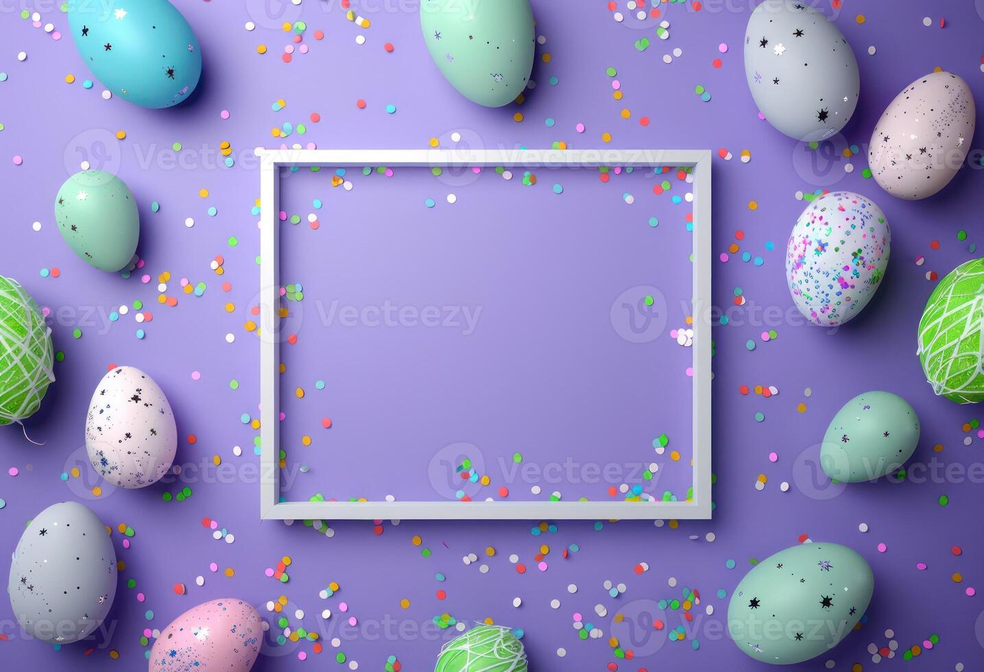 Happy Easter. Top view photo of empty photo frame colorful easter eggs and confetti