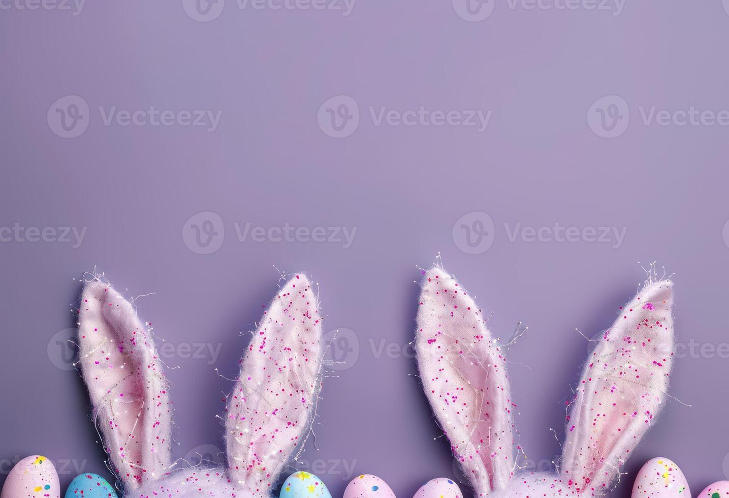 Top view illustration of easter bunny ears colorful vivid eggs and sprinkles on blue background photo