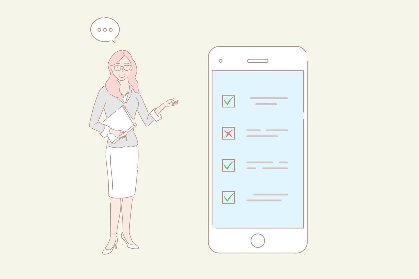 Hand drawn style illustration of mobile survey, customer review. vector