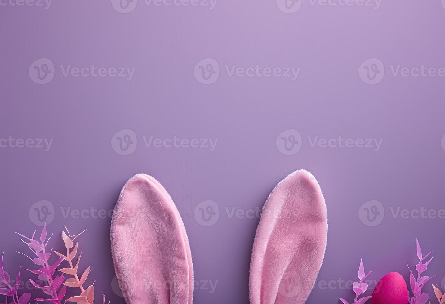Top view illustration of easter bunny ears colorful vivid eggs and sprinkles on blue background photo