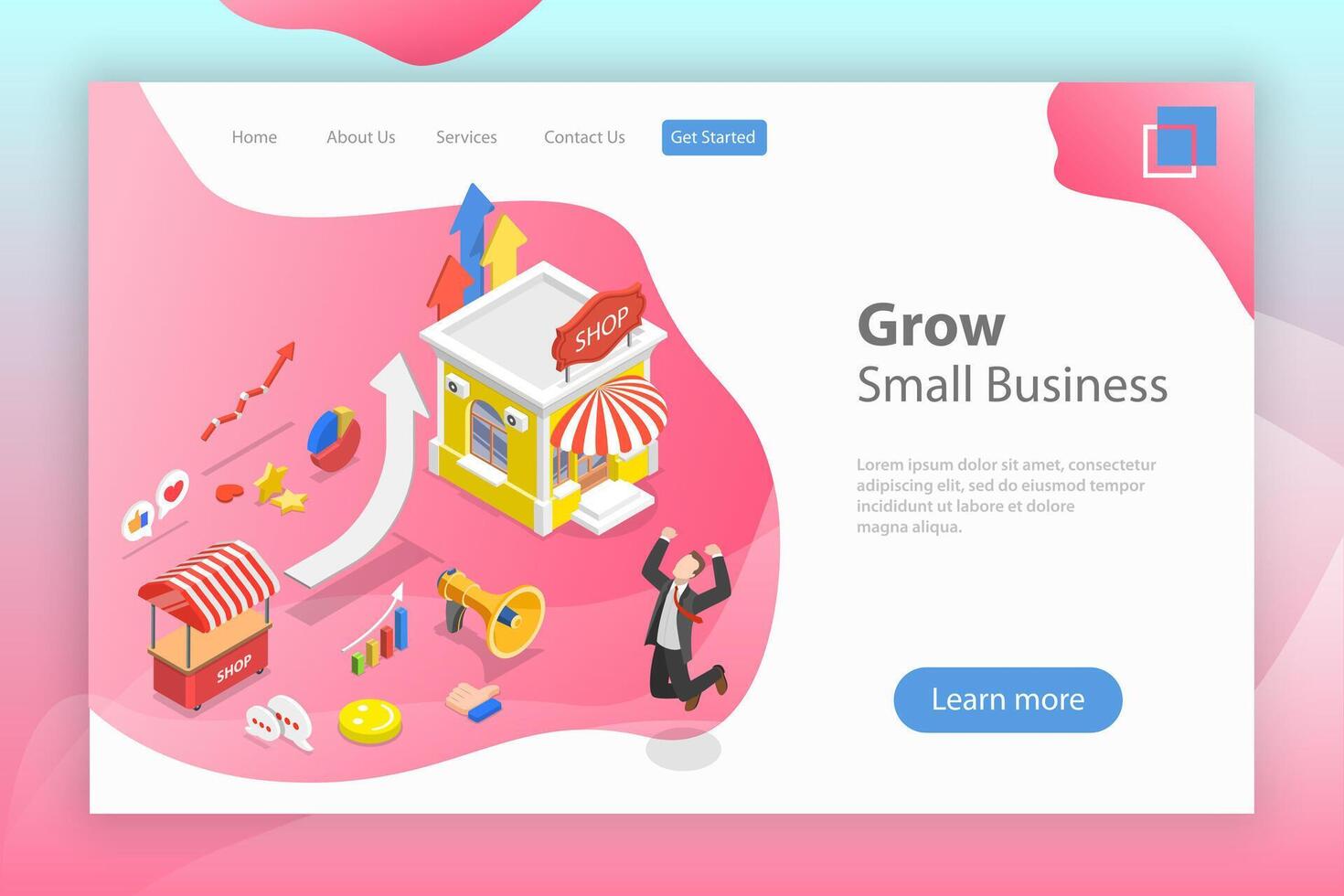 Isometric flat landing page tempate of small business growth. vector